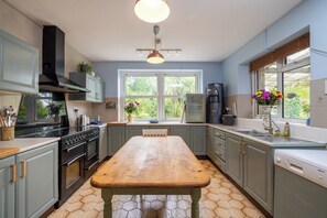 Une cuisine avec une table en bois, un fourneau, un réfrigérateur et une fenêtre donnant sur un paysage verdoyant.