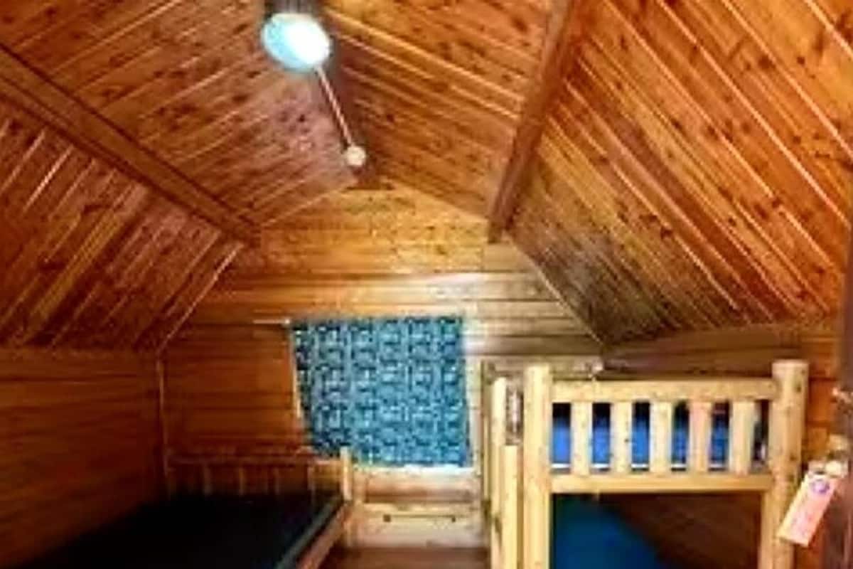 Uma cabana de madeira com beliches, uma lâmpada no teto e uma janela com cortina.