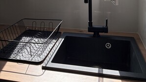 Una cocina con un lavamanos negro, una ventana con vistas a la vegetación y un tendedero de metal.