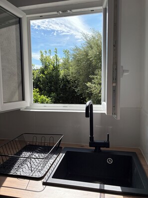 Eine Küche mit einem schwarzen Spülbecken, einem Fenster mit Blick auf Grünflächen und einem Metalltrockner.