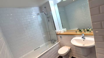 Hair dryer, towels, soap, toilet paper