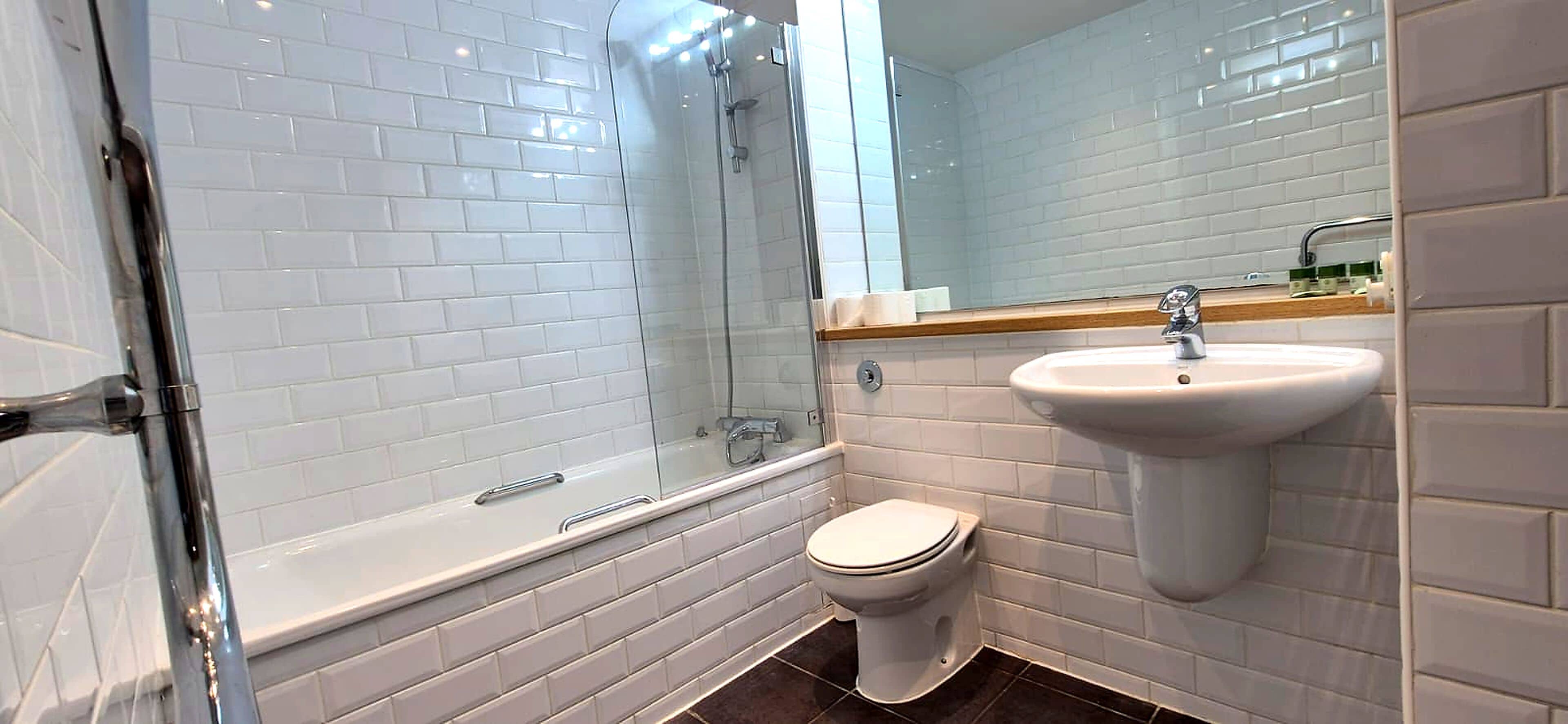 Hair dryer, towels, soap, toilet paper