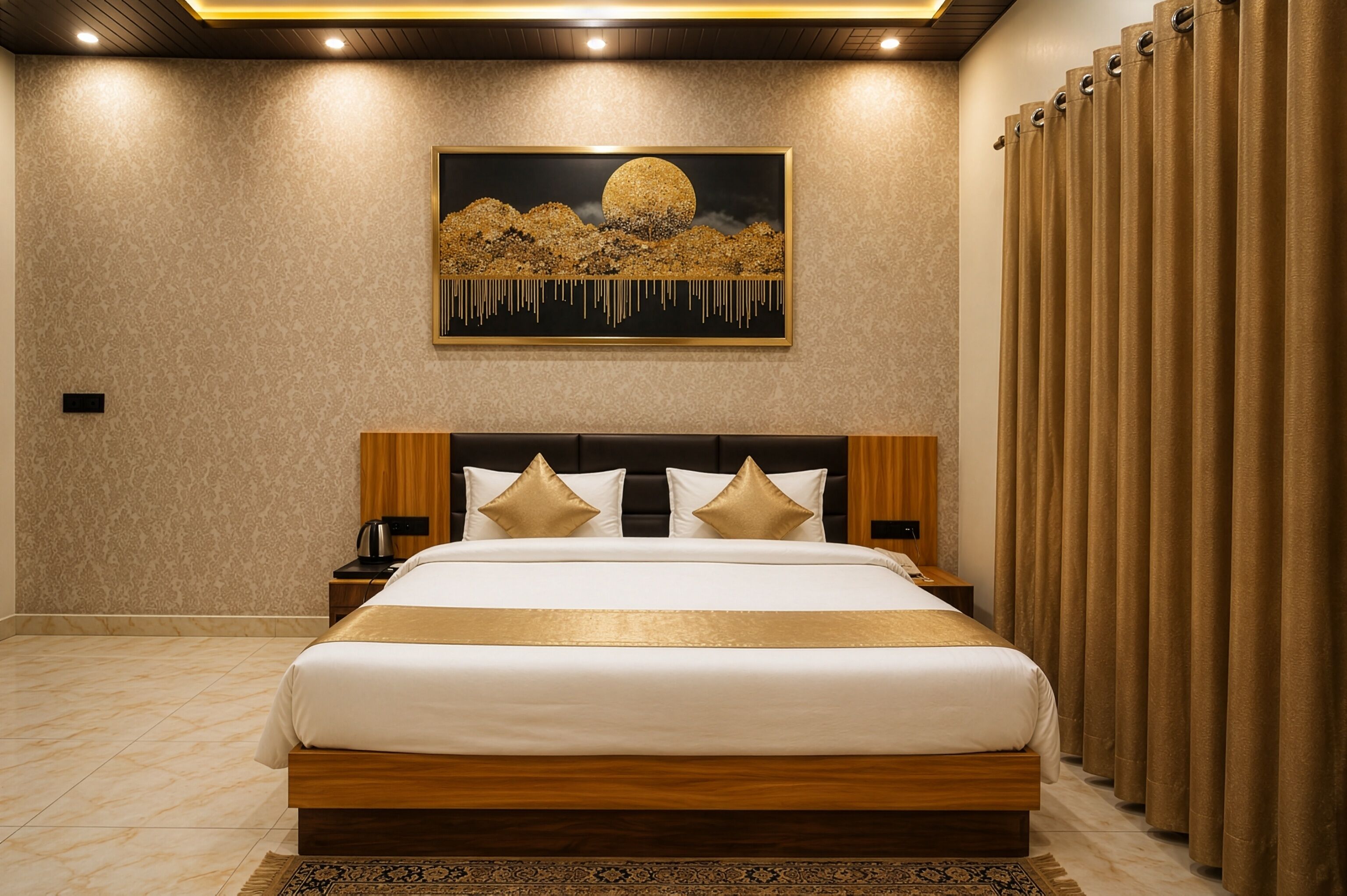 A neatly made bed with a headboard, a bedside table, and a wall-mounted painting.