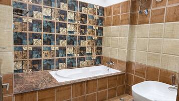 Shower, free toiletries, hair dryer, towels
