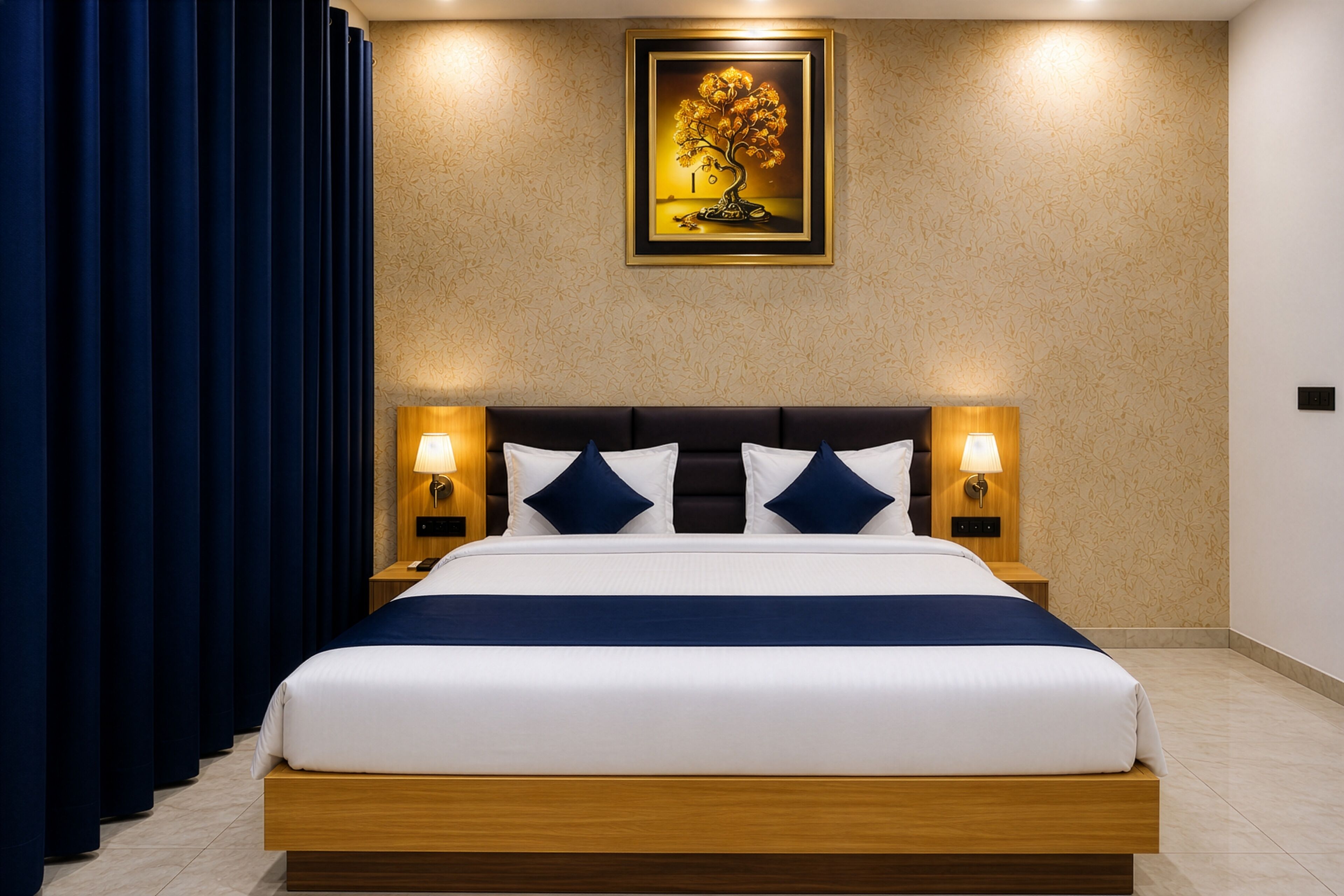 Habitación de hotel con una cama grande, dos lámparas de noche, un cuadro en la pared y una cortina a la izquierda.
