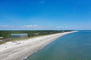 Un hotel frente al mar con una extensa playa, un edificio grande de techo verde y una playa arenosa con sombrillas.