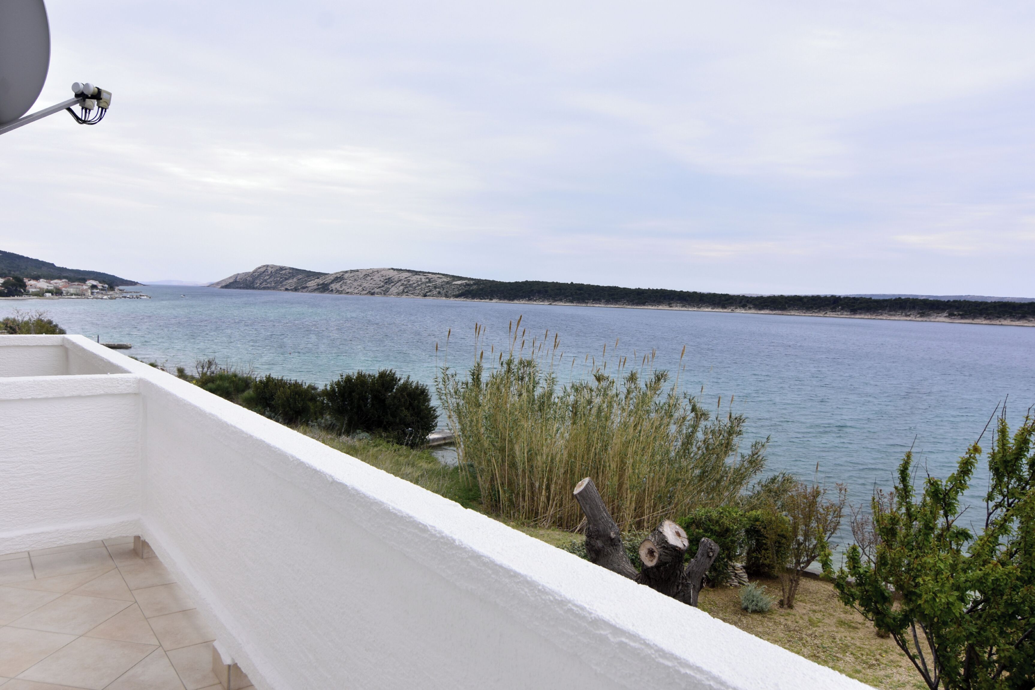 A balcony with a view of a calm sea, a white railing, and some vegetation.