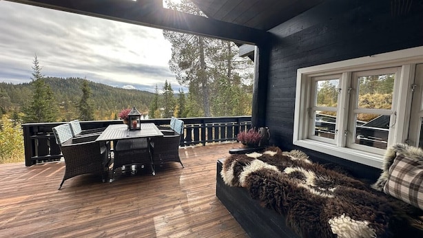 A covered deck with a table and chairs, a sofa with a fur throw, and a window with a view of trees and hills.