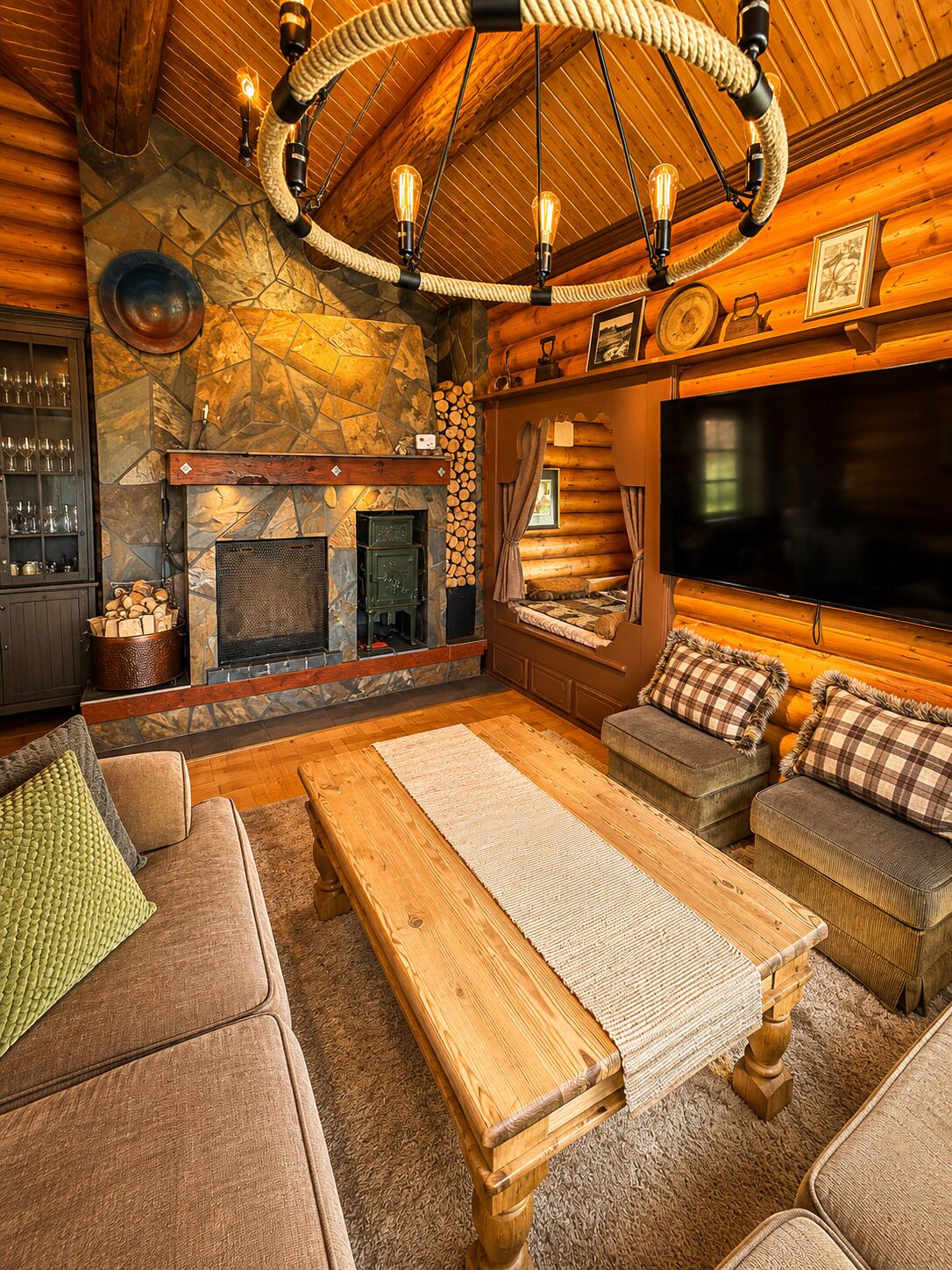 Smart TV, fireplace, video games, DVD player