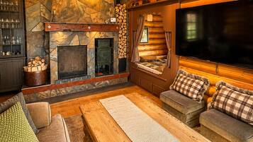 Smart TV, fireplace, video games, DVD player