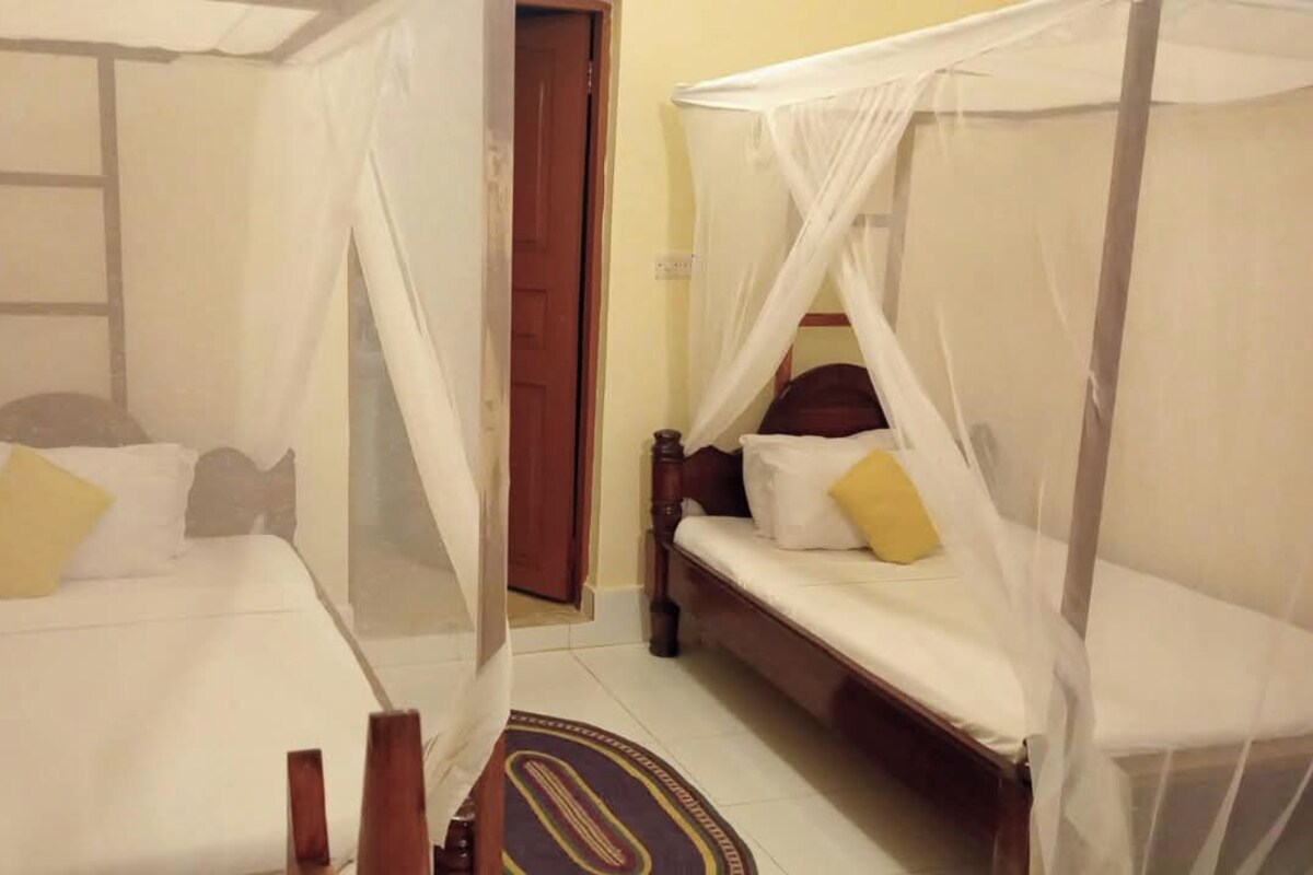 A room with two beds, each with a canopy, a wooden door, and a patterned rug.
