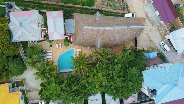 Bairro residencial com piscina, rodeado de palmeiras e diferentes estilos de casas.