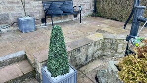 Une terrasse en pierre avec un banc, un petit arbre et un élément décoratif aquatique.