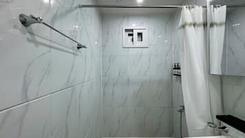 Hair dryer, towels, soap, toilet paper