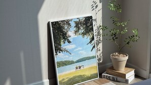 A framed landscape painting of a lake with a bench, a potted plant, and a stack of books on a textured mat.
