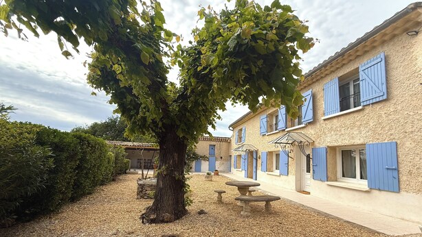 A courtyard with a large tree, a stone table, and a building with blue shutters. - Liorelys en Provence - Charming house with swimming pool (L'Isle-sur-la-Sorgue)