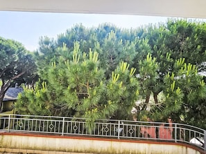Ein mit Bäumen gesäumter Balkon mit Metallgeländer.