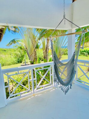 A hammock hanging from a white railing, overlooking a lush garden with palm trees and a view of the sea. - Large estate Villa 6-bed / 6 bath, perfect for large groups & 2 arces of graden (Charlestown)