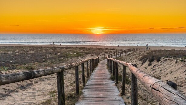 A wooden boardwalk leading to a beach with the ocean in the background. - Spacious Landes villa with swimming pool, in the heart of the pines (Soorts-Hossegor)