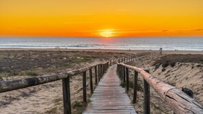 Une promenade en bois menant à une plage, avec l’océan en arrière-plan.