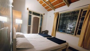 A single bed with a wooden headboard, a bedside table, a lamp, a window with curtains, and a door with glass panels. - Anava Farms (Shrirangapattana)