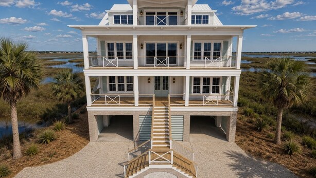 Ein mehrstöckiges Strandhaus mit einer zentralen Treppe, Balkonen und Blick auf das Wasser.