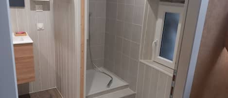 Regadera, secadora de cabello, papel de baño