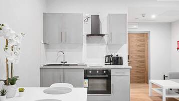 Frigorífico, microondas, horno y placa de cocina