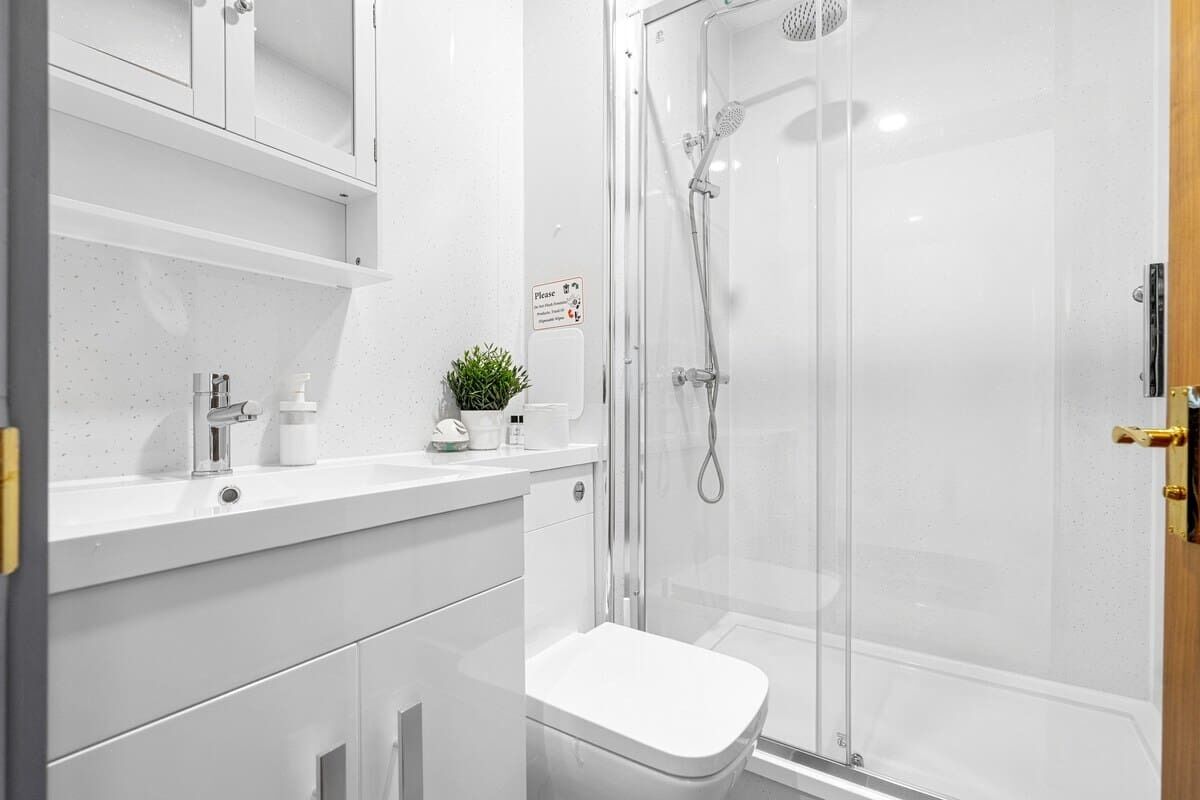 Shower, hair dryer, shampoo