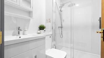 Shower, hair dryer, shampoo