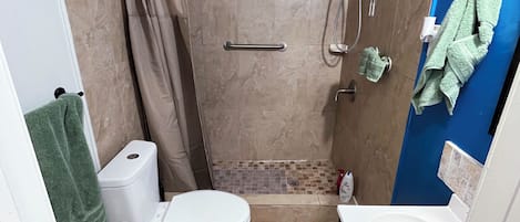 Shower, towels, soap, toilet paper