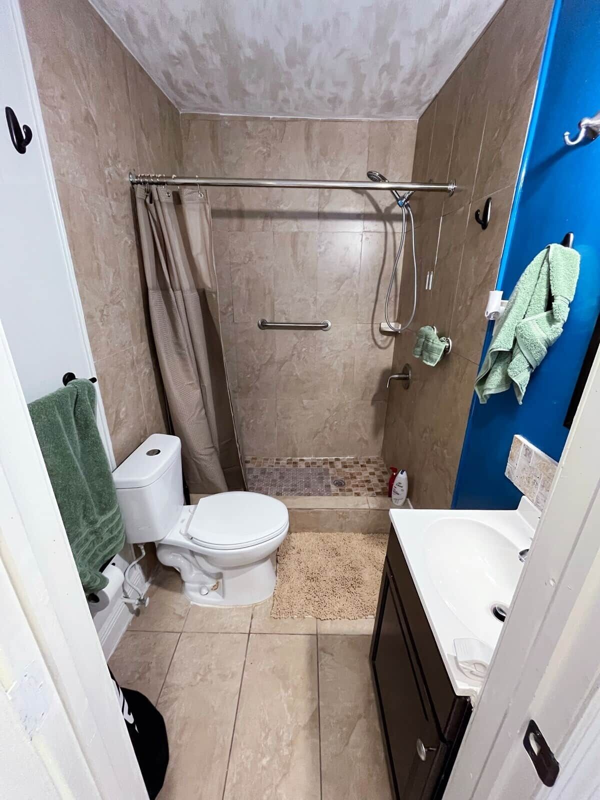 Shower, soap, toilet paper