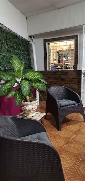 A room with a potted plant, two wicker chairs, and a window with a view of the interior.