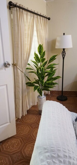 A room with a bed, a potted plant, a lamp, and a curtain. - Carla Goussen House (granada nicaragua)