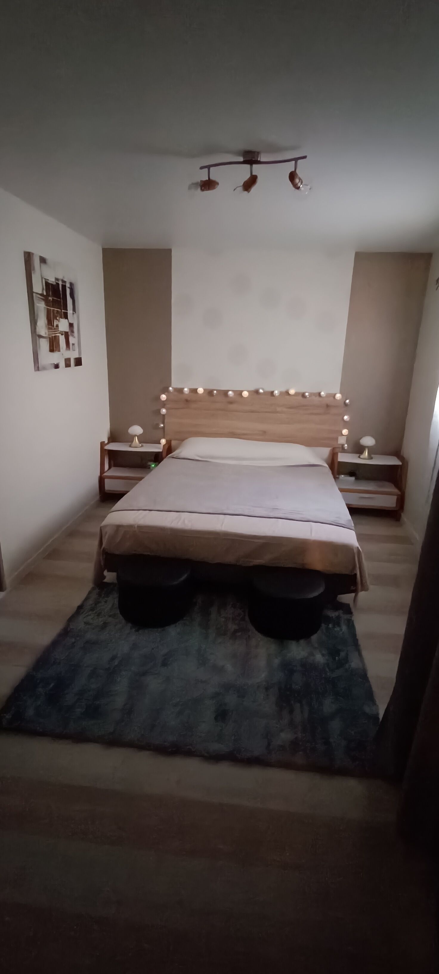 A bedroom with a wooden headboard, a bed with a light-colored bedspread, two bedside tables with lamps, and a ceiling light fixture.