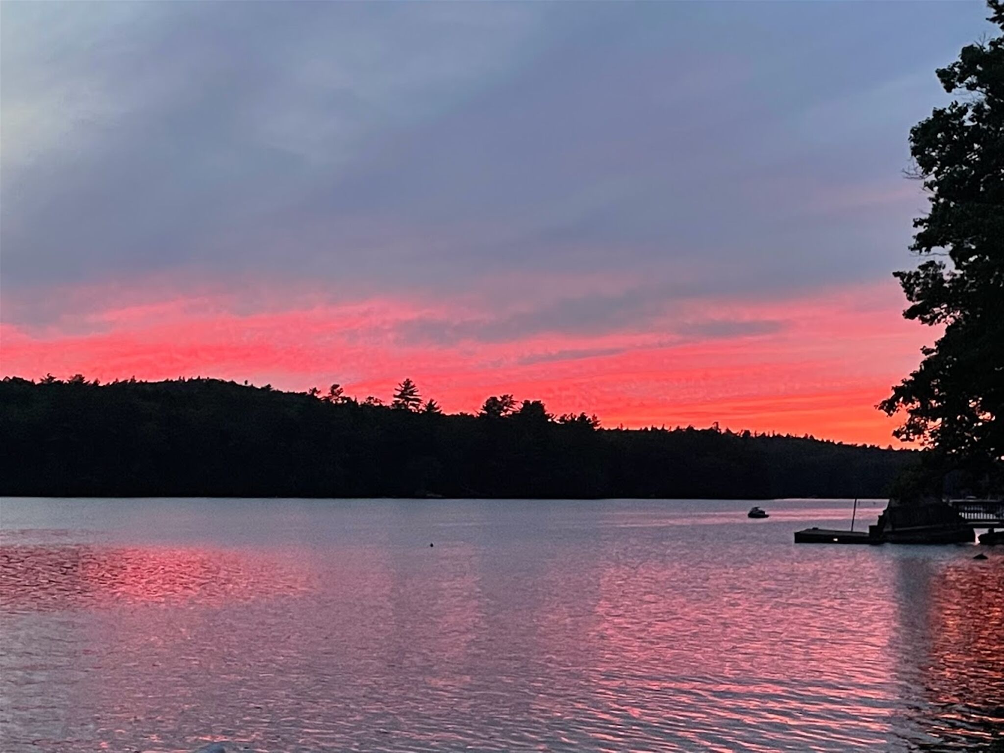 Un lago tranquilo al atardecer, con un muelle y árboles al fondo.