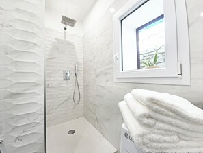 Shower, hair dryer, bidet, towels