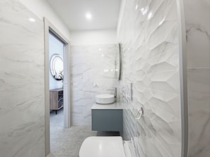 Shower, hair dryer, bidet, towels