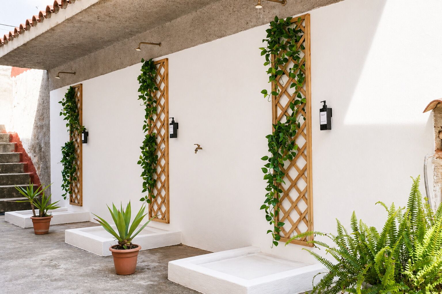 A spa area with a concrete floor, white walls, wooden lattice panels with greenery, and a staircase.