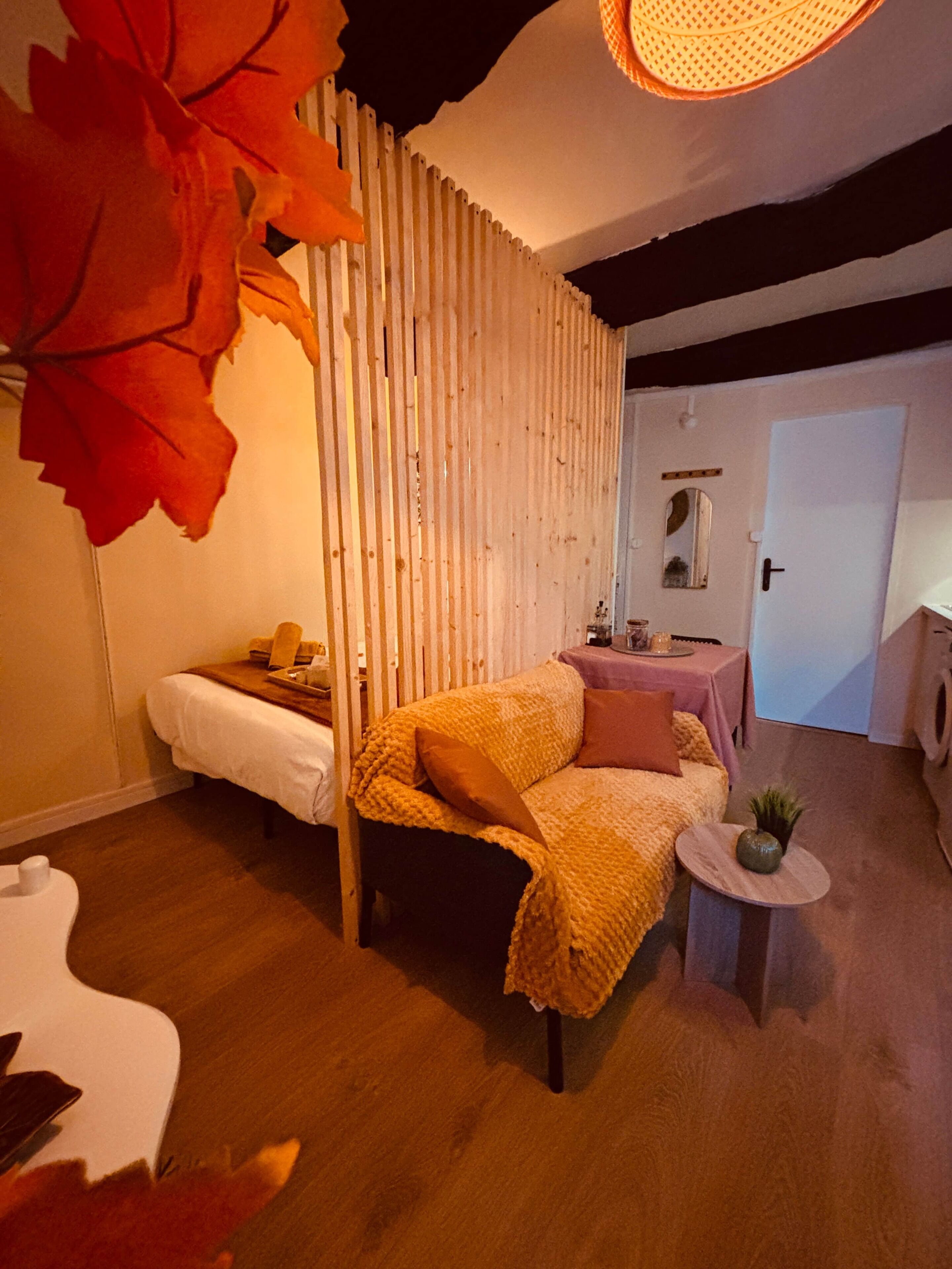 Une pièce avec une cloison en bois, un lit, un canapé, une petite table ronde avec une plante et un miroir au mur.