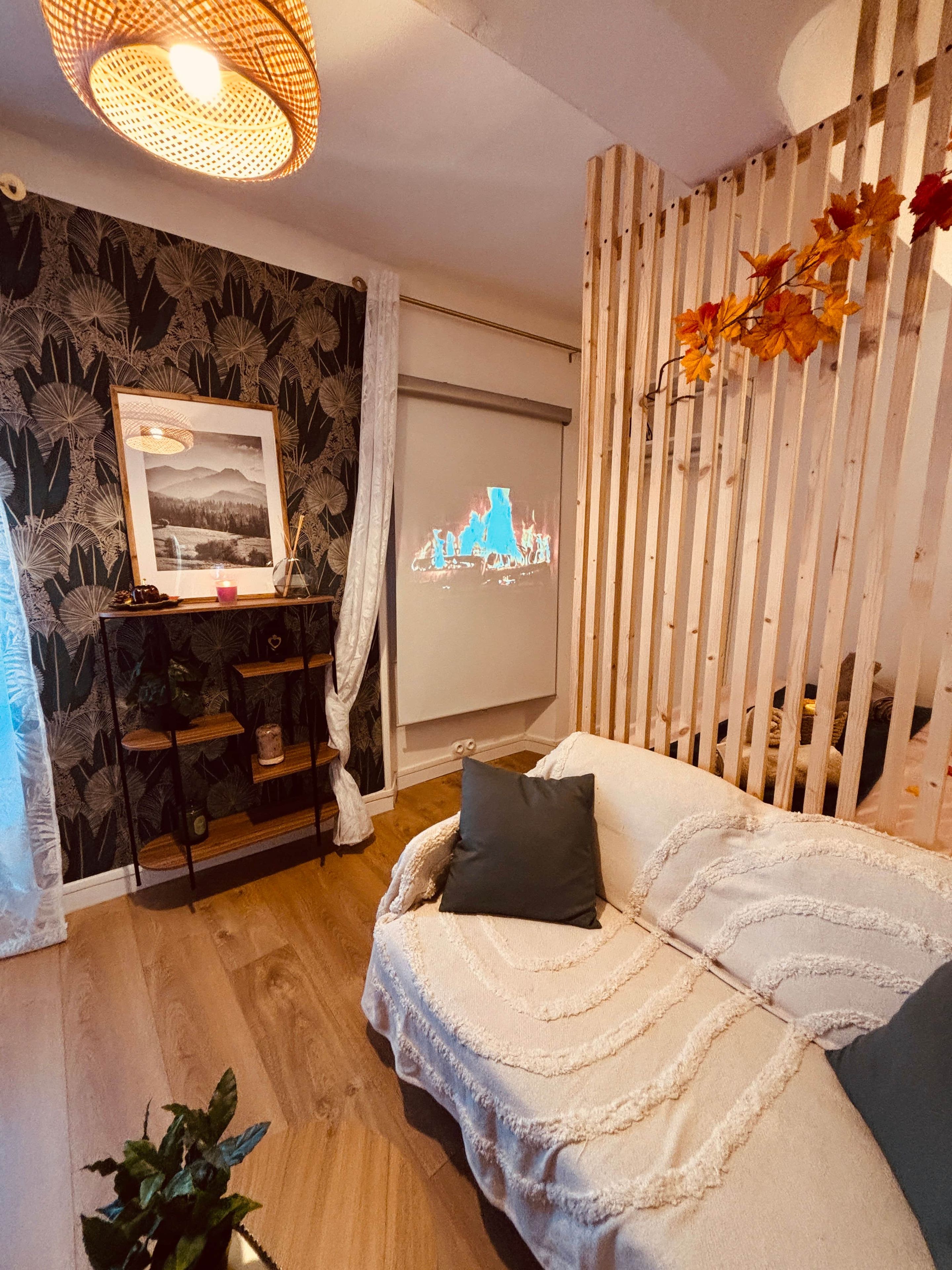 A cozy room with a bed, a wall-mounted projector, and a decorative screen.