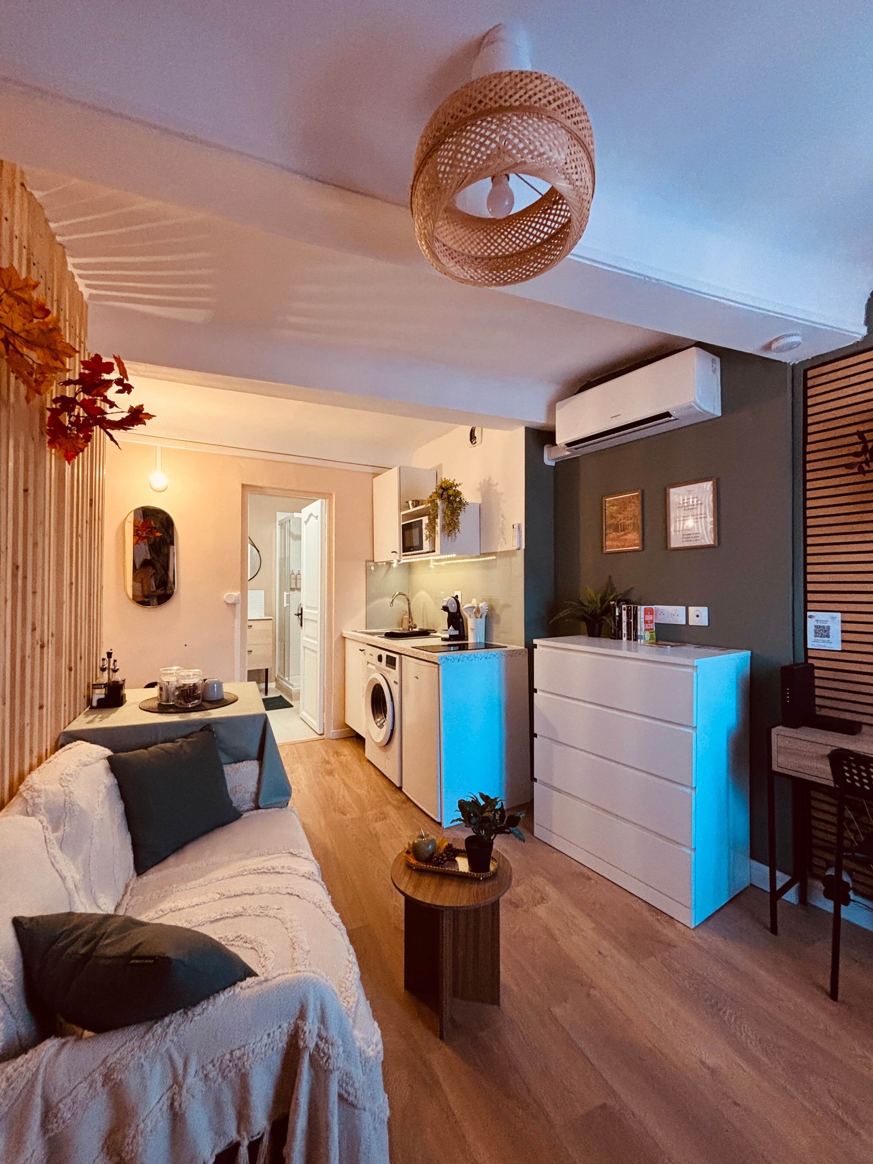A compact living space with a sofa, a small coffee table, a washing machine, and a kitchenette.
