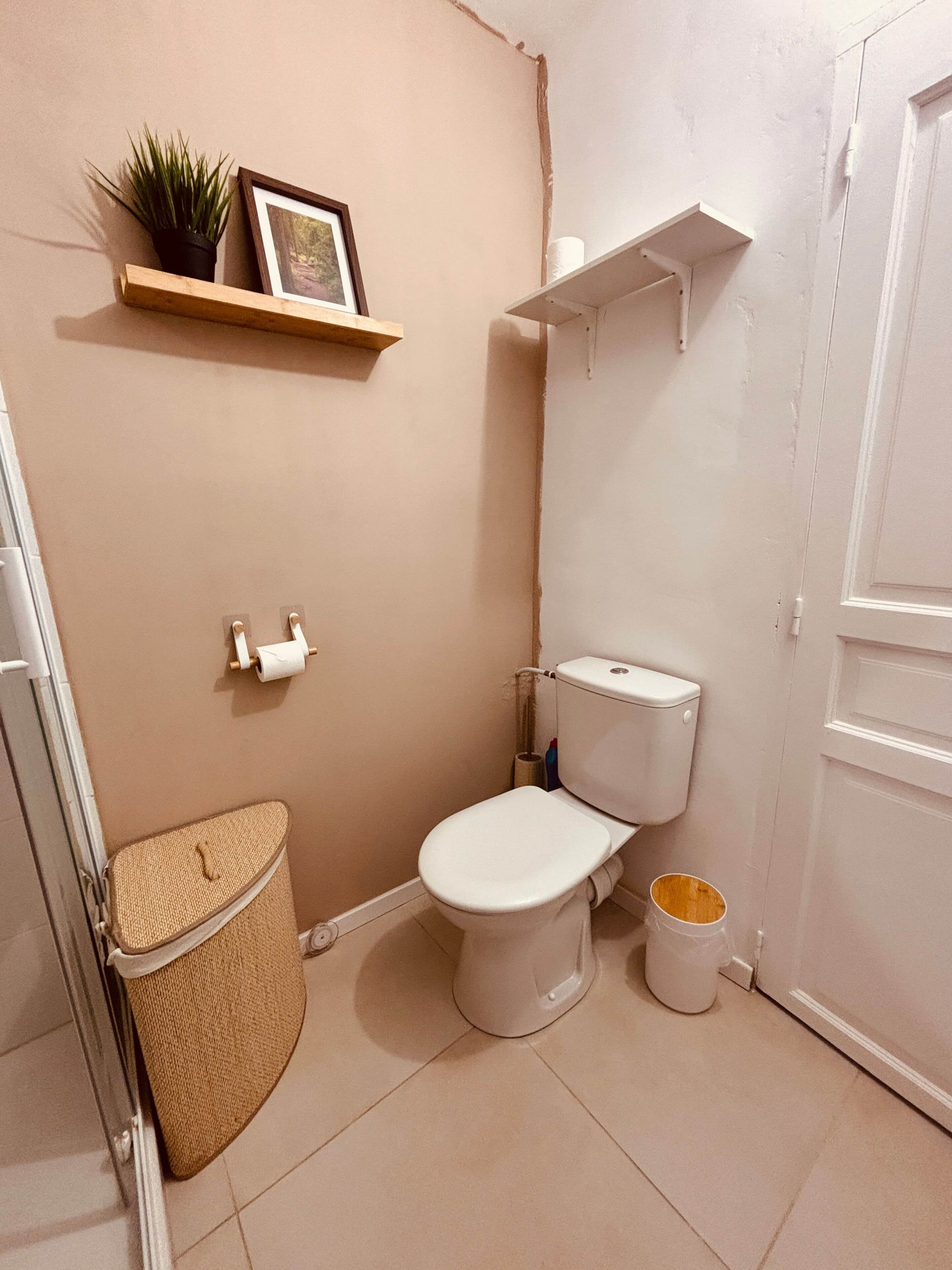 Un baño con un inodoro, un estante con una planta, un rollo de papel higiénico y un cubo de basura.