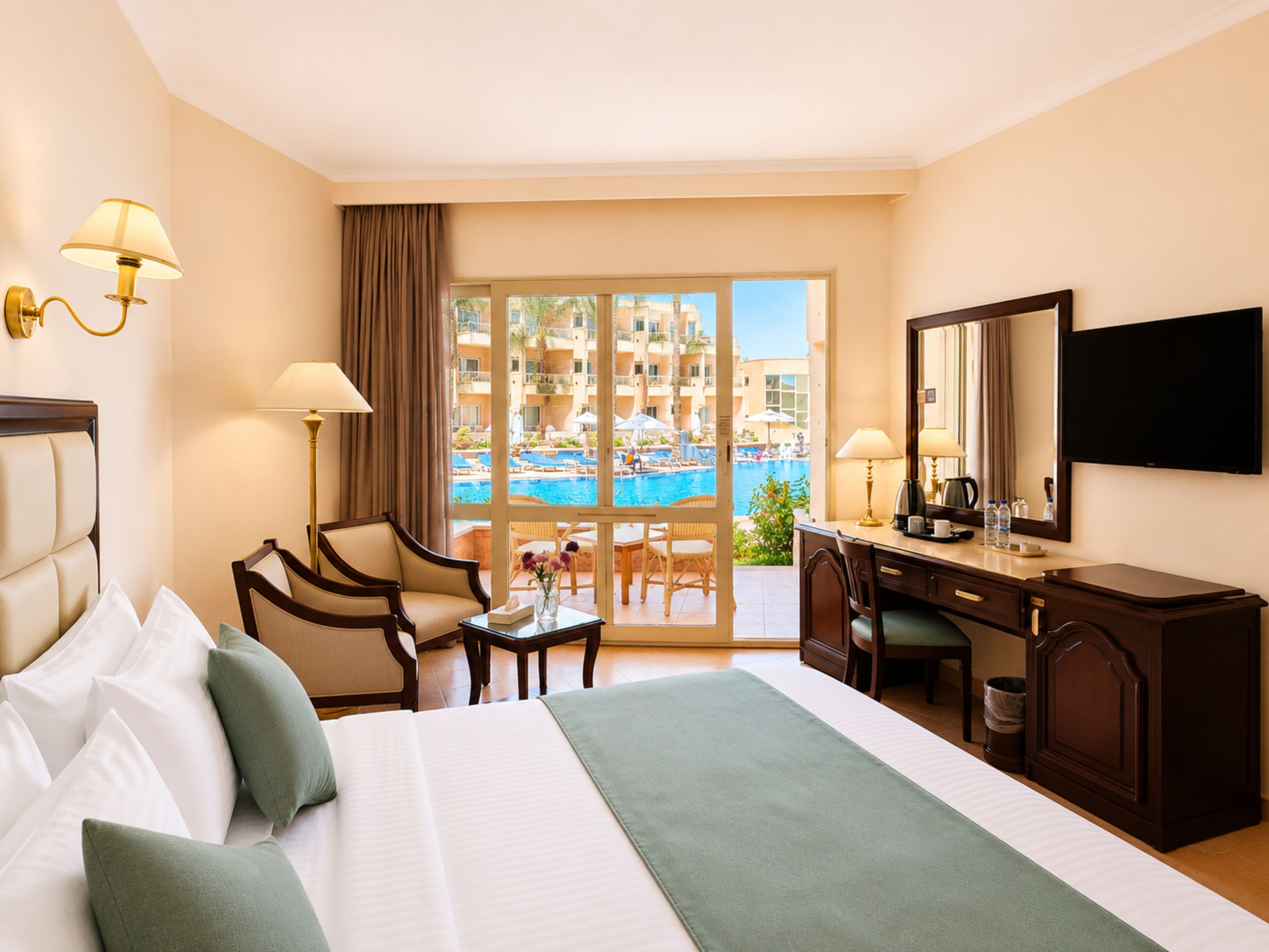 A hotel room with a bed, desk, chairs, a TV, and a view of a pool and buildings.