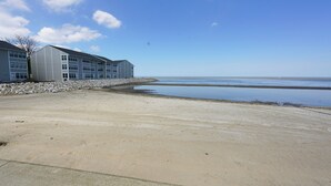 Ein Gebäude mit flachem Dach und großen Fenstern, ein Sandstrand und ruhiges Wasser.