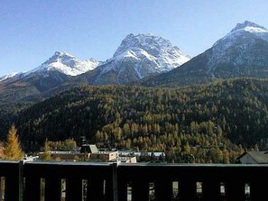 Paisatge de muntanya amb cims nevats i una vall boscosa.