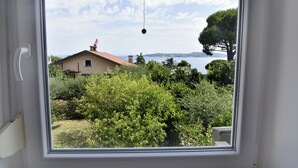 Vista dalla finestra di una casa con tetto rosso, immersa nel verde, sotto un cielo sereno.