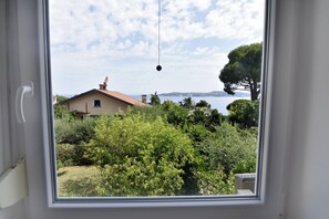 Blick aus dem Fenster auf ein Haus mit rotem Dach, umgeben von viel Grün und einem klaren Himmel.