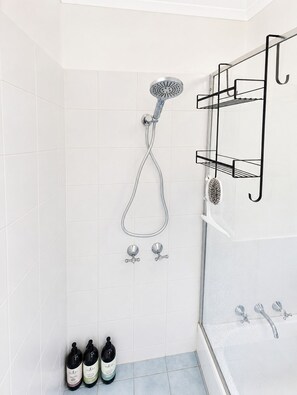 Hair dryer, towels, soap, toilet paper