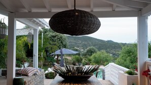 Ein überdachter Außenbereich mit einer hängenden Leuchte, einem Tisch mit einer Pflanze und Blick auf Grünflächen und Hügel.